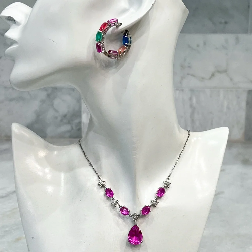 Radiant Orchid Quartz White Zircon Silver V Drop Necklace w/ Extender - Picture 13 of 15